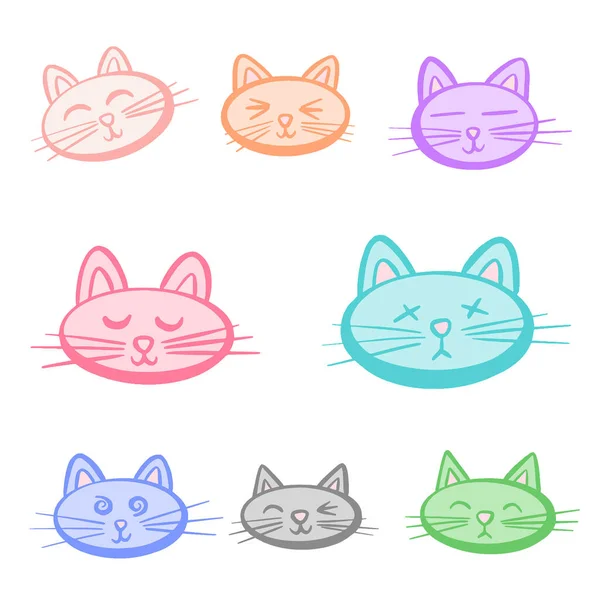 Cute Cartoon Kitten Cat Faces Kawaii Style Design Vector — Vetor de Stock