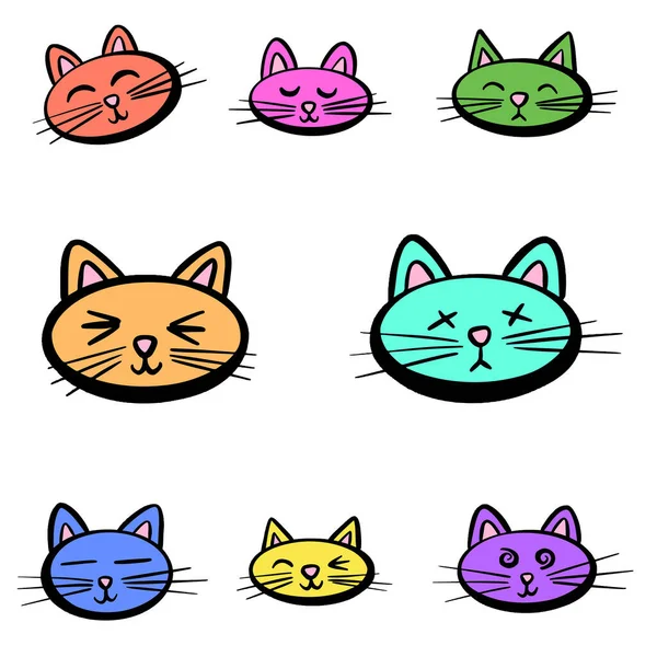 Cute Cartoon Kitten Cat Faces Kawaii Style Design Vector — стоковый вектор