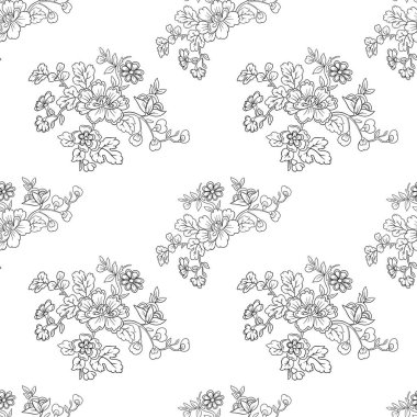 Çizgi Sanat Tarzı Vintage Duvar Kağıdı Çiçeklerin ve Yaprakların Kusursuz Desenleri