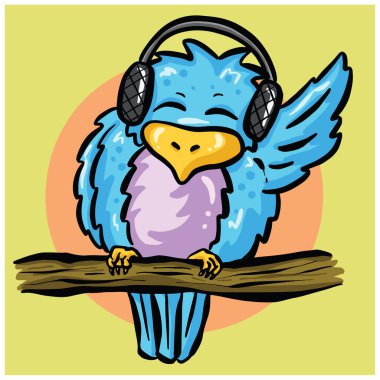Funny Cartoon Blue Bird On a Branch Listening to Music on Headphones Cartoon Mascot Illustration