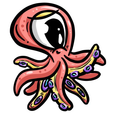 Logo İçin Büyük Gözlü Sevimli Ahtapot Çizgi Filmi veya Vektör Maskot Tasarımı