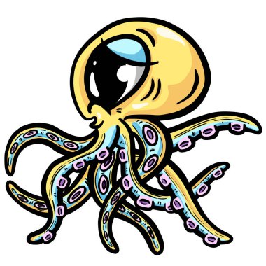 Logo İçin Büyük Gözlü Sevimli Ahtapot Çizgi Filmi veya Vektör Maskot Tasarımı