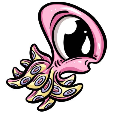 Logo İçin Büyük Gözlü Sevimli Ahtapot Çizgi Filmi veya Vektör Maskot Tasarımı