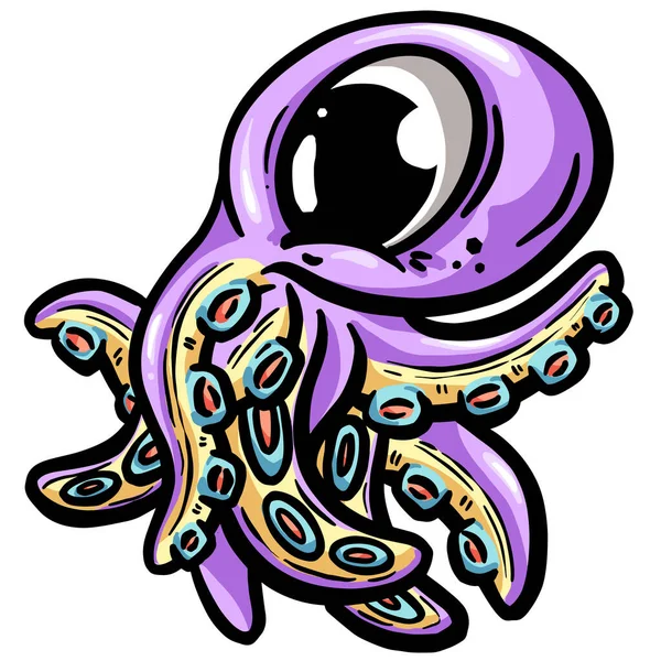 Logo İçin Büyük Gözlü Sevimli Ahtapot Çizgi Filmi veya Vektör Maskot Tasarımı