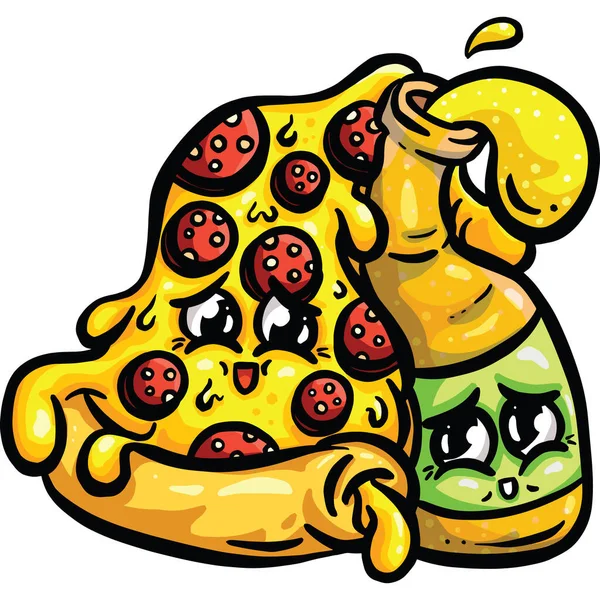 Pizza Plak Mascotte Logo Ontwerp Schattig Karakter Met Een Bierflesje — Stockvector