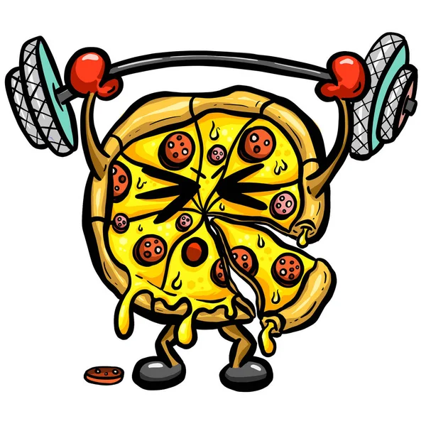 Pizza Slice Projekt Logo Maskotki Cute Znaków Robi Ćwiczenia Podnoszenia — Wektor stockowy