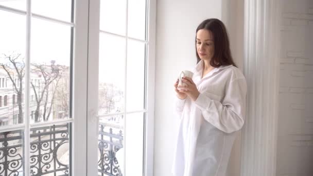 Woman Relaxing Balcony Holding Cup Coffee Tea — Stock Video