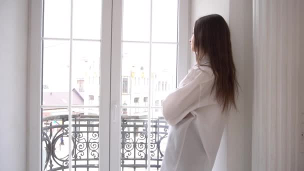 Slow Motion Single Pensive Woman Standing Looking Window — Vídeo de Stock