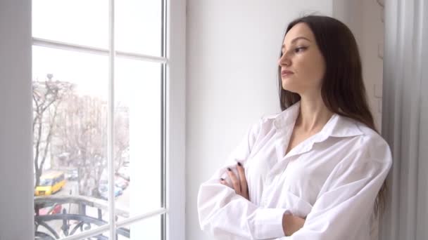 Slow Motion Portrait Attractive Female Looking Window — Vídeos de Stock