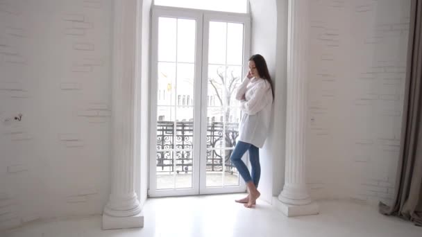 Kendi Ofisinde Büyük Pencereli Bir Kadın Dikiliyor Şehre Bakıyor — Stok video