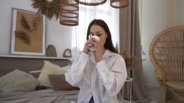 Portrait Young Beautiful Woman Hands Holding Coffee Cup Bedroom — Stok video