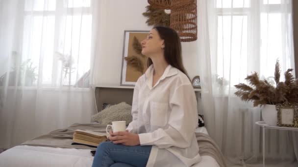 Slow Motion Beautiful Girl Her Bedroom Drinks Tea Morning — 비디오