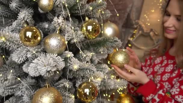 Slow Motion Young Beautiful Woman Model Long Hair Christmas Tree — Stockvideo