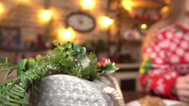 Caucasian Young Adult Feeling Christmas Girl Ornated Kitchen Decorations Winter — Stockvideo