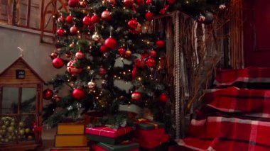 Slow Motion new year cozy home interior with christmas tree and garlands