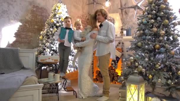 Happy Family Mother Father Children Christmas Tree — Video Stock