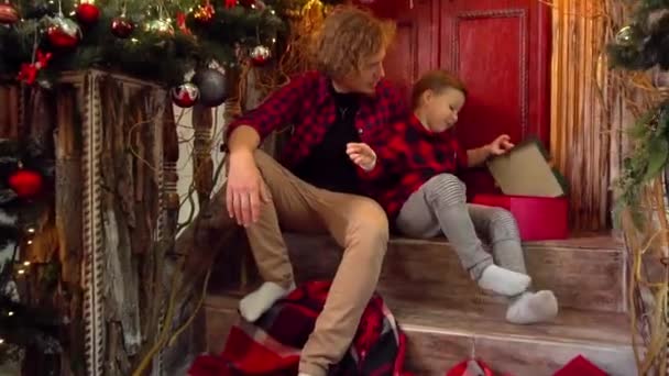 Young Father His Cute Son Having Fun Together Christmas Eve — Video Stock