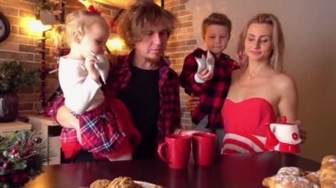 Slow Motion Family Noel için hazırlanıyor, süslenmiş mutfağa gülümsüyor.