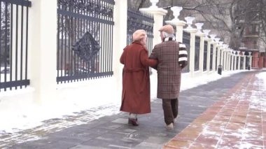 Slow Motion Senior couple walking on the city street at winter day
