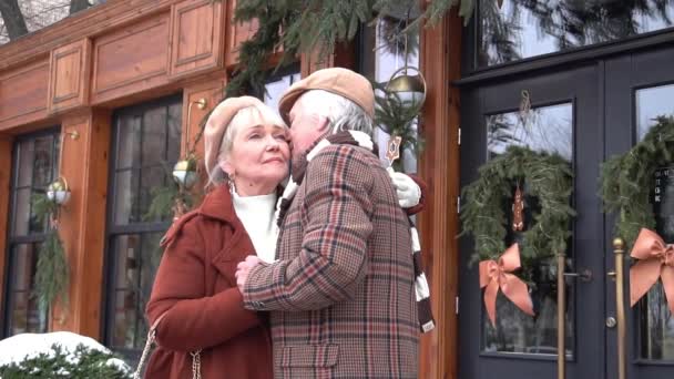 Slow Motion Happy Senior Couple Hugging Talking Beautiful Autumn City — 图库视频影像