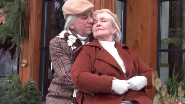 Slow Motion Senior Couple Standing Outdoor Hugging — Vídeo de stock
