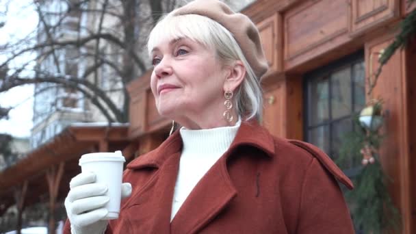 Slow Motion Portrait Senior Smiling Woman Drinking Cup Tea — Video