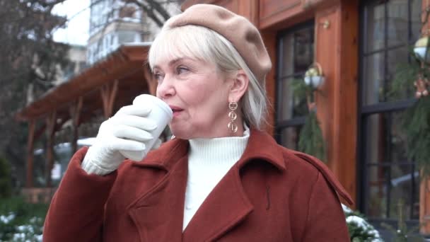 Αργή Κίνηση Πορτρέτο Της Ευτυχούς Ηλικιωμένη Γυναίκα Ποζάρουν Χειμώνα — Αρχείο Βίντεο