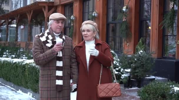 Portrait Loving Senior Couple Drinking Hot Cocoa Outdoors Winter — Stok video