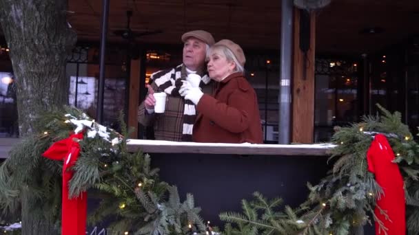 Happy Senior Couple Sitting Coffee Shop Talking — Stockvideo