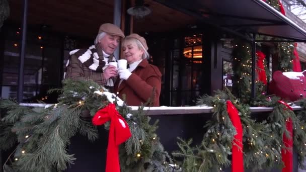 Portrait Senior Couple Cup Coffee Christmas Time — Stockvideo