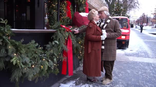 Slow Motion Senior Couple City Street Winter Day — Stock Video