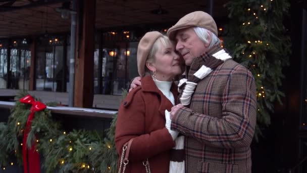 Slow Motion Happy Senior Couple Standing Park — Stockvideo