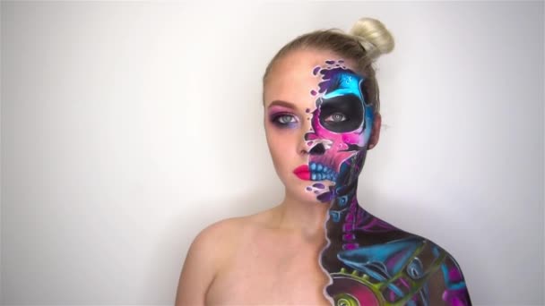 Slow Motion Girl Streaks Face Halloween — Video Stock