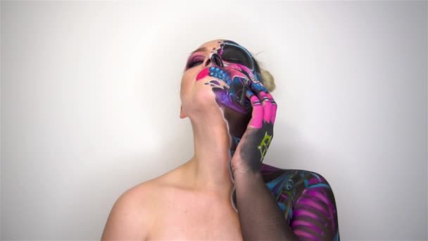 Slow Motion Young Woman Dead Mask Skull Face Art — Stockvideo