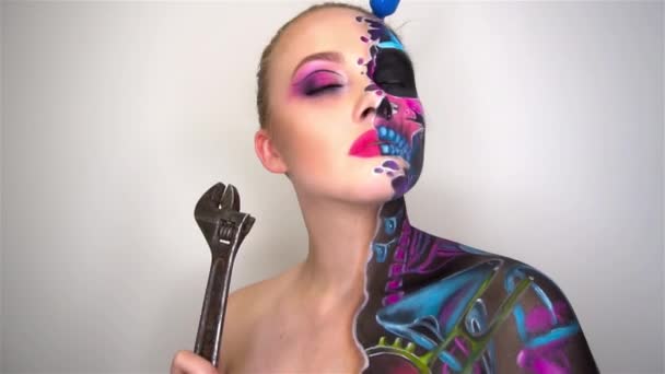 Portrait Young Woman Scared Halloween Makeup Holding Spanner — Stock Video