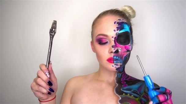 Slow Motion Young Woman Scared Halloween Makeup Holding Spanner — 图库视频影像