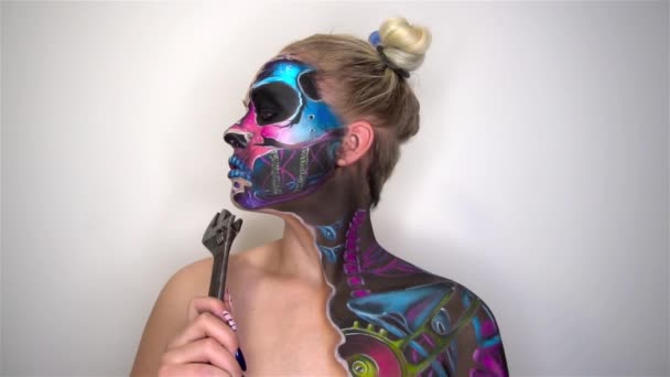 Slow Motion Young Woman Scared Halloween Makeup Holding Spanner — ストック動画