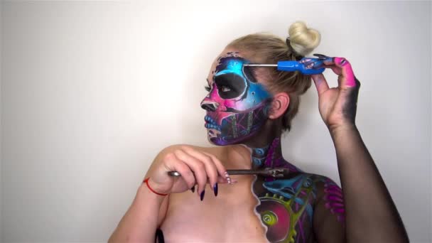 Slow Motion Young Woman Scared Halloween Makeup Holding Spanner — ストック動画