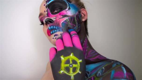 Slow Motion Young Woman Skull Makeup — Video Stock