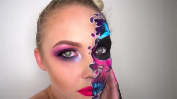 Portret Pięknej Kobiety Makijażem Halloween — Wideo stockowe