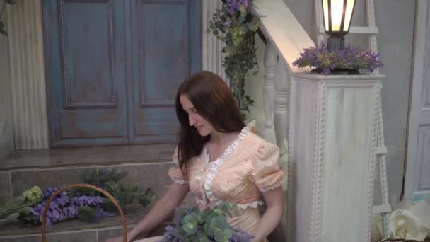 Studio Portrait Woman Lavender Flowers Dress — Stockvideo