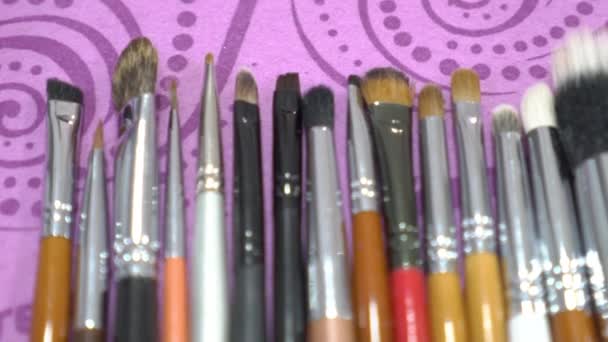 Slow Motion Close Set Makeup Artist Brushes Table — 비디오