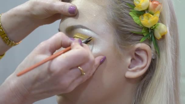 Girl Makeup Artist Brush Apply Eye Shadow Eyelid Model — Stock Video