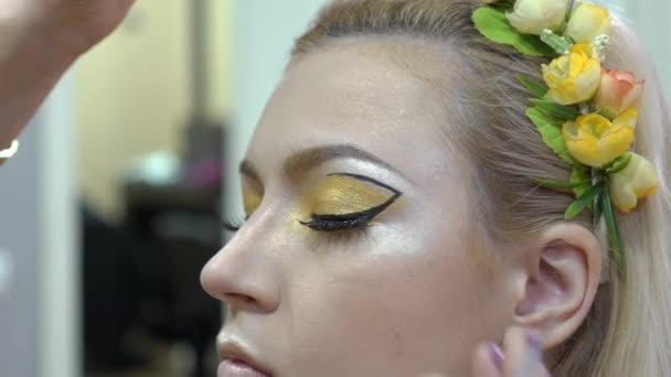 Professional Makeup Artist Works Brush Model Face Beauty Studio — Video Stock