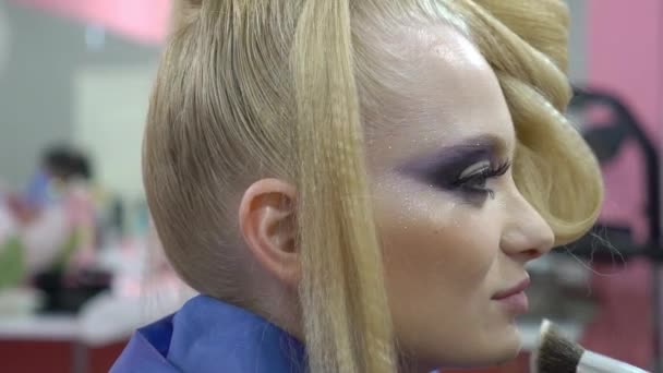 Professional Makeup Artist Works Brush Model Face Beauty Studio — Vídeo de Stock