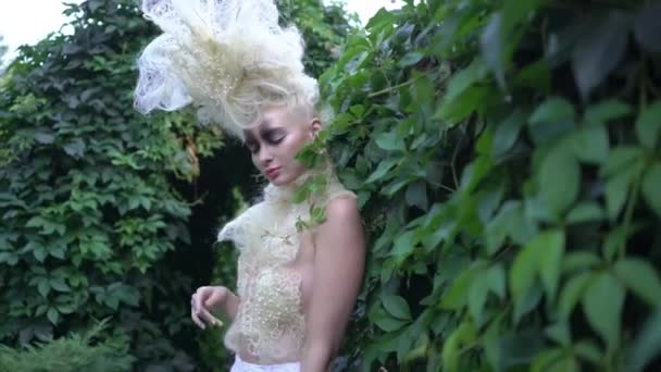 Young Woman Model Appearance Stands Spring Green Garden Nature — Stockvideo