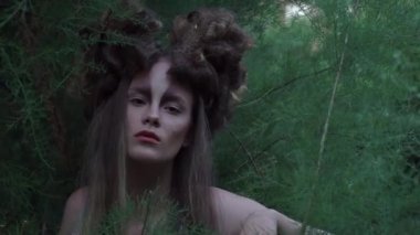 Slow Motion mystic style fabulous forest with nymph long dark black hair 