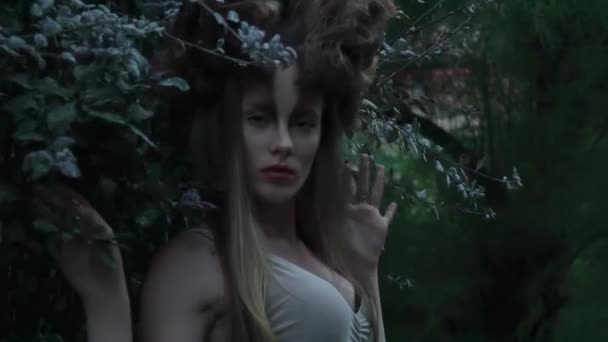 Pretty Young Woman Backdrop Magical Forest Woods — Vídeo de stock