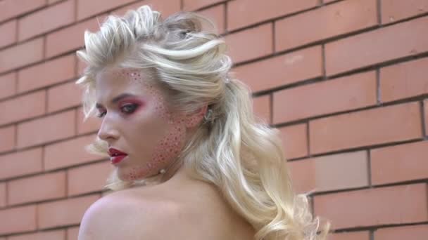 Slow Motion Beautiful Fashionable Woman Blonde Brick Wall — Wideo stockowe