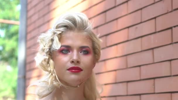 Romantic Portrait Beautiful Young Woman Red Lipstick Brick Wall — Video